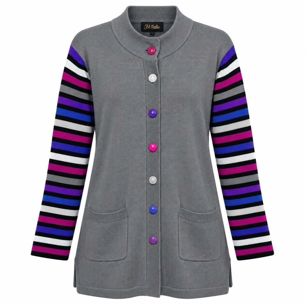 Bob Mackie Longline Cardigan Large Striped Sleeve Wearable Art Knit Button Up
